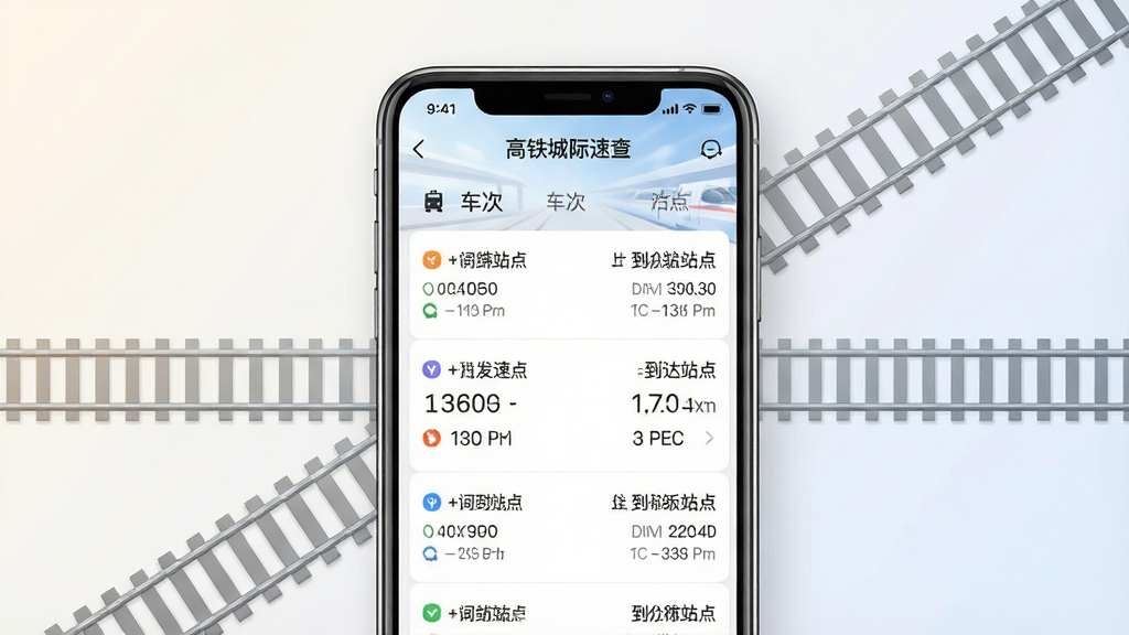 一张展示手机屏幕中高铁城际速查应用主界面的场景图,画面中央是一部竖屏智能手机,屏幕内清晰显示