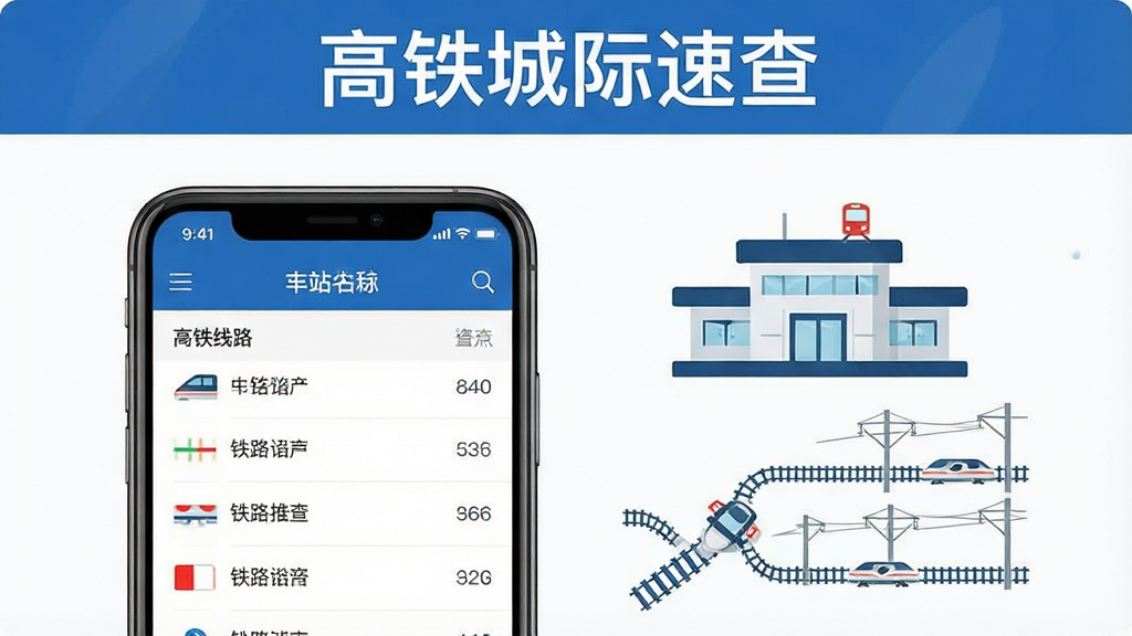 一张展示铁路站点信息查询界面的图片,画面中手机屏幕显示车站名称与线路列表,旁边有简化的车站建筑图标与铁路线路示意图,画面顶部有