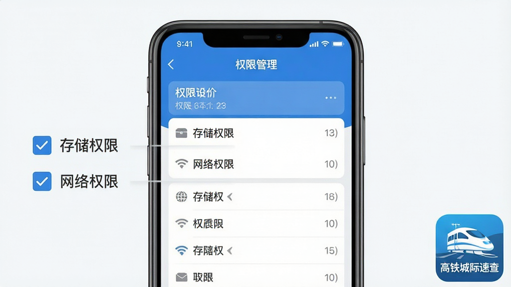一张展示手机端应用权限设置界面的示意图,画面中手机屏幕显示权限管理列表,旁边有