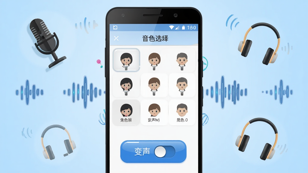 免费一键变声器软件主界面展示,画面中央放置一部安卓手机,手机屏幕显示音色选择列表和变声开关按钮,背景为浅蓝色渐变,周围漂浮麦克风、声波、耳机等图标元素,排版简洁清晰,风格为扁平化科技感,细节包括按钮高光、声波纹理,画质高清干净无多余元素