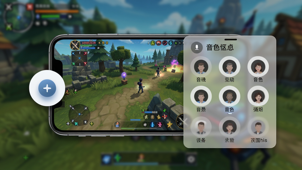 免费一键变声器悬浮窗操作示意图,画面中央为手机屏幕显示游戏画面,屏幕边缘有一个圆形悬浮按钮展开音色选择面板,背景为游戏场景模糊处理,排版突出悬浮窗,风格为UI设计展示,细节包括按钮阴影、面板半透明效果,画质高清干净无多余元素