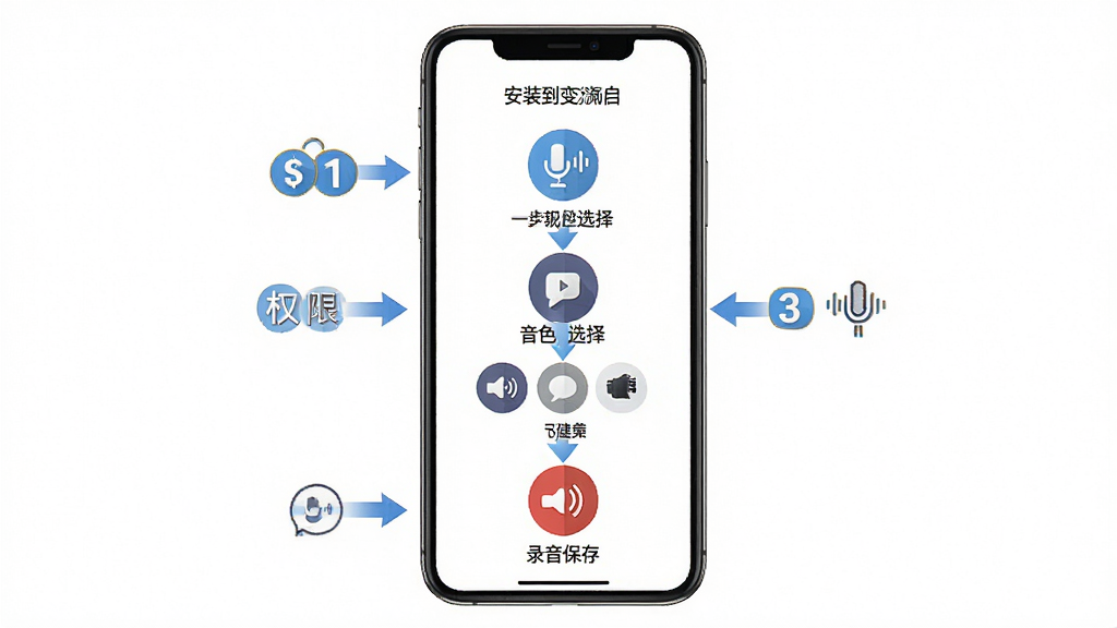 免费一键变声器新手操作流程图,画面中央为手机屏幕展示从安装到变声的步骤示意图,包含权限开启、音色选择、录音保存等图标,背景为白色简洁风格,排版为纵向步骤流程,风格为信息图,细节包括箭头引导、步骤编号,画质高清干净无多余元素