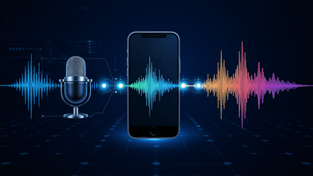 免费一键变声器实时变声引擎概念图,画面中央为声波从麦克风传入手机再输出为不同音色波形的示意图,背景为深蓝色科技网格,排版横向展开,风格为科技信息图,细节包括波形颜色变化、发光节点,画质高清干净无多余元素