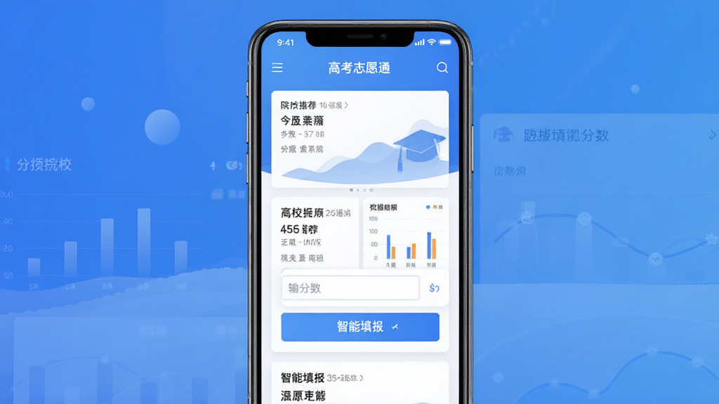 高考志愿通软件主界面全貌展示,主体为一部智能手机屏幕,屏幕中呈现高考志愿通APP的首页界面,包含院校推荐卡片、分数输入框、智能填报按钮等元素,布局清晰居中,排版采用上下结构,风格为现代科技感扁平化设计,细节包含蓝色渐变背景、白色卡片、数据图表点缀,画质高清干净无多余元素