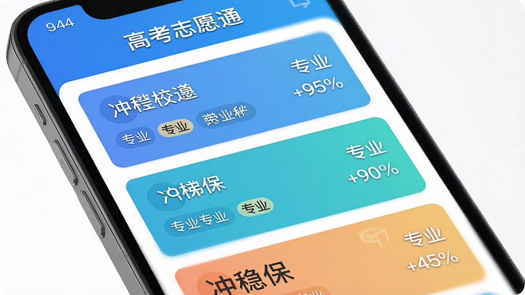 高考志愿通智能推荐界面,主体为手机屏幕展示冲稳保三档志愿列表,布局为纵向排列的院校卡片,排版整齐有序,风格为教育类APP清新蓝色调,细节包含录取概率百分比、院校名称、专业标签、梯度颜色区分,画质高清干净无多余元素