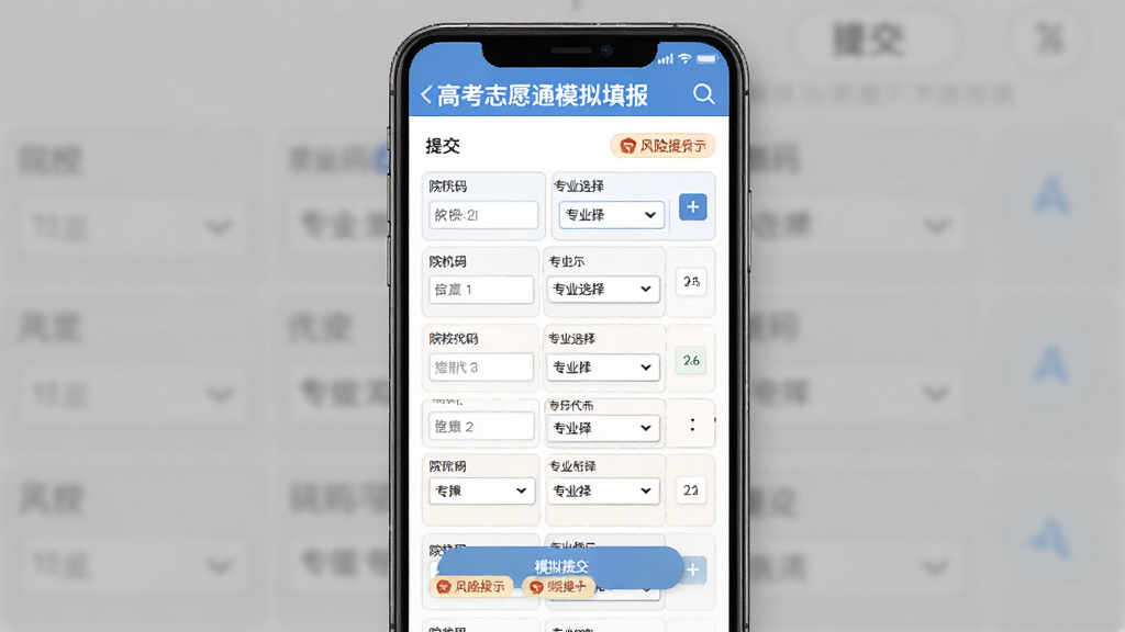 高考志愿通模拟填报界面,主体为手机屏幕展示志愿填报表格,布局为多个志愿格子纵向排列,排版规整,风格为表单类简洁设计,细节包含院校代码输入框、专业选择下拉菜单、提交按钮、风险提示标签,画质高清干净无多余元素