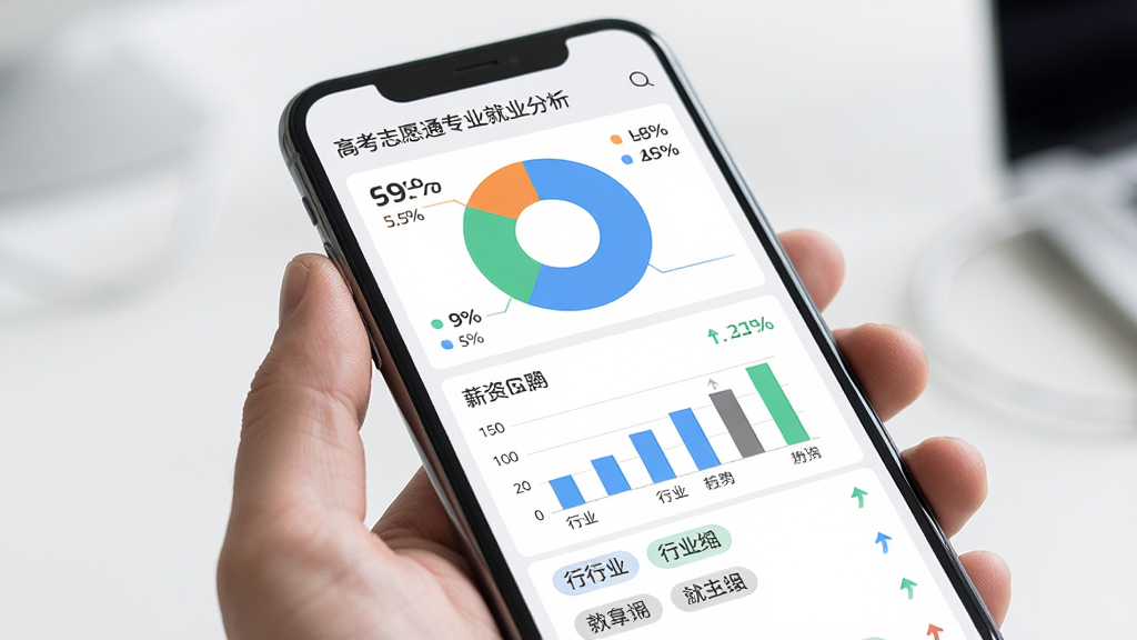 高考志愿通专业就业分析界面,主体为手机屏幕展示专业就业数据图表,布局为上方饼图加下方列表,排版清晰直观,风格为数据可视化设计,细节包含就业率百分比、薪资柱状图、行业标签、趋势箭头,画质高清干净无多余元素