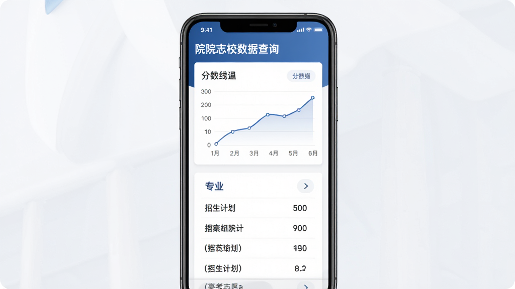 高考志愿通院校数据查询页面,主体为手机屏幕展示院校详情信息,布局为顶部院校名称加下方数据表格,排版采用卡片式分区,风格为简洁商务风,细节包含分数线折线图、专业列表、招生计划数字,画质高清干净无多余元素