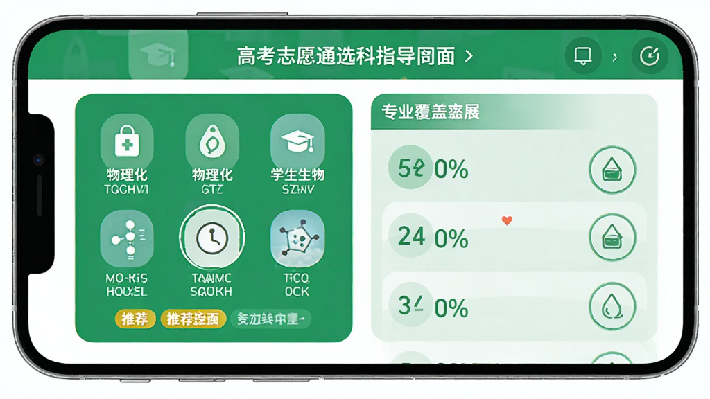 高考志愿通选科指导界面,主体为手机屏幕展示选科组合分析,布局为科目选择器加专业覆盖率展示,排版采用左右分栏,风格为教育工具类清爽绿色调,细节包含物理化学生物等科目图标、覆盖率百分比、推荐标签,画质高清干净无多余元素