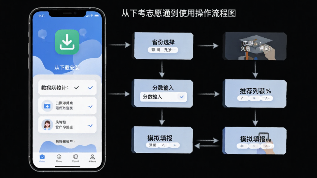 高考志愿通使用操作流程图,主体为手机屏幕展示从下载安装到志愿填报完成的步骤分解,布局为纵向流程图,排版清晰,风格为教程类信息图,细节包含下载图标、省份选择、分数输入、推荐列表、模拟填报等节点,画质高清干净无多余元素