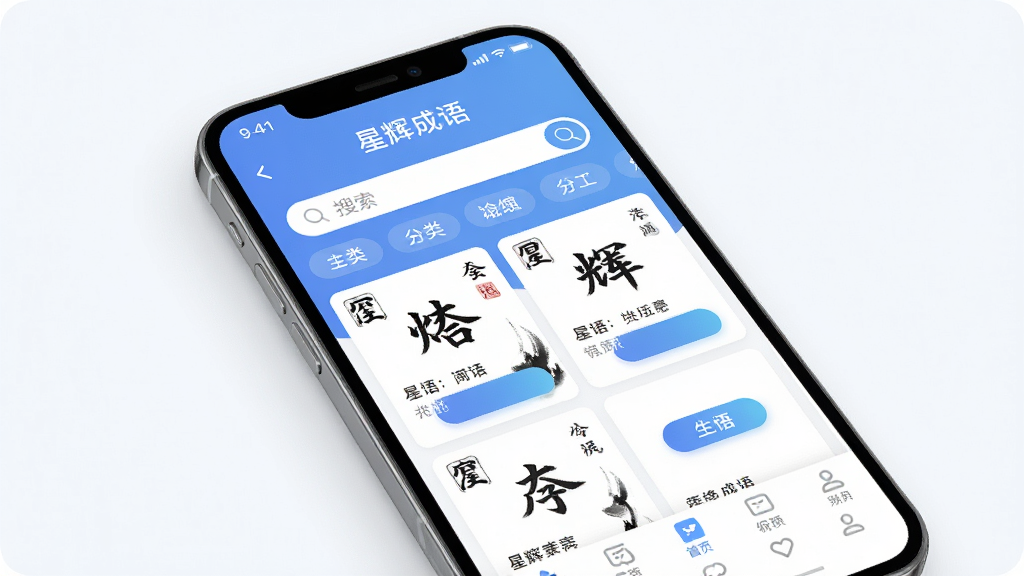 主体为一部智能手机,屏幕中显示星辉成语软件的主界面,界面上方有搜索框和分类标签,下方为成语卡片列表,每张卡片带有简短释义;布局为居中构图,手机略微倾斜展示;排版上软件名称“星辉成语”以柔和字体出现在屏幕顶部;风格为清新现代的扁平化UI设计,色调以蓝白为主;细节包括成语卡片上的毛笔字装饰、渐变色按钮和底部导航栏图标;画质清晰,光线柔和,背景干净无多余元素。