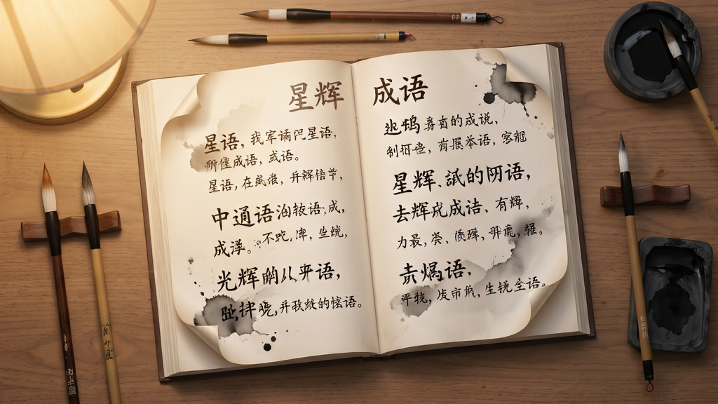 一个打开的书本平铺在木质桌面上,书页上浮现出多条成语及其释义,周围散落着几支毛笔和墨砚;布局采用俯视角度,书本居中,成语文字以手写体呈现;排版上书名位置隐约显示“星辉成语”字样;风格为古典文化与现代简约结合;细节包括书页边缘的卷曲、墨迹的晕染效果和温暖的台灯光晕;画质细腻,色彩柔和,画面干净整洁。
