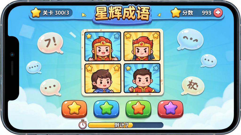 手机屏幕显示星辉成语的闯关答题界面,中央有四格漫画图案作为猜成语的题目,下方有四个选项按钮和倒计时进度条;布局为竖屏游戏界面,顶部显示关卡数和分数;排版上软件名称“星辉成语”以卡通风格字体出现在顶部状态栏;风格为活泼可爱的休闲游戏画风;细节包括按钮的立体质感、彩色的积分星星和背景中漂浮的成语气泡;画质明亮清晰,无杂乱元素。