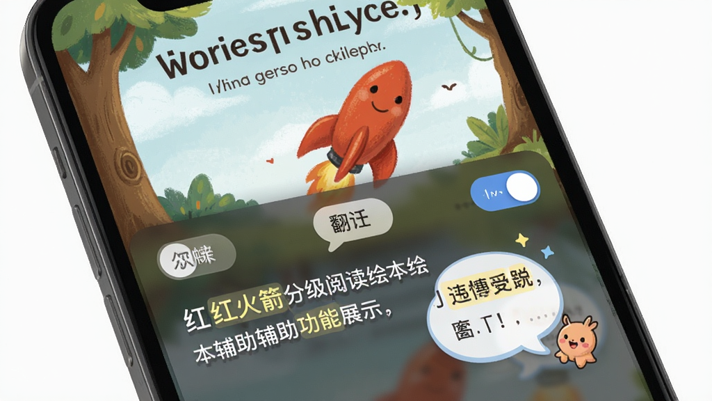 红火箭分级阅读绘本翻译辅助功能展示图,主体是手机屏幕特写,屏幕上半部分为英文绘本插图,下半部分为中文翻译浮层,布局为上下分栏,风格为清新UI设计,细节包括翻译开关按钮、高亮单词和卡通对话框,画质清晰,干净,无多余元素