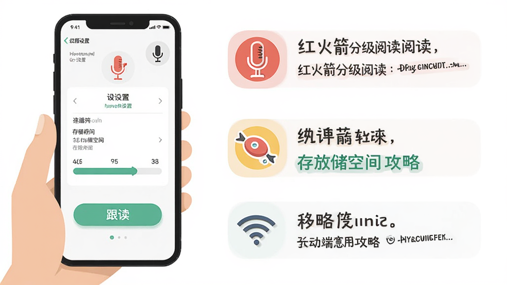 红火箭分级阅读移动端使用攻略示意图,主体是一部手机和一只手,屏幕上显示权限设置界面与跟读按钮,布局为左侧手机右侧文字标注,风格为扁平化教程插画,细节包括麦克风图标、存储空间进度条和WiFi符号,画质清晰,干净,无多余元素