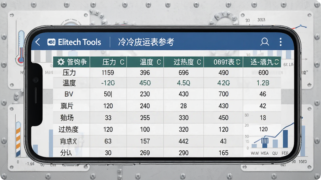 一张展示 Elitech Tools 制冷系统数据参考界面的手机图,画面中手机屏幕显示制冷系统运行参数对照表,包含压力、温度、过热度等数据列,背景为浅灰色工业风格,带有简洁的图表元素,布局工整,细节丰富,画质清晰干净,无多余元素