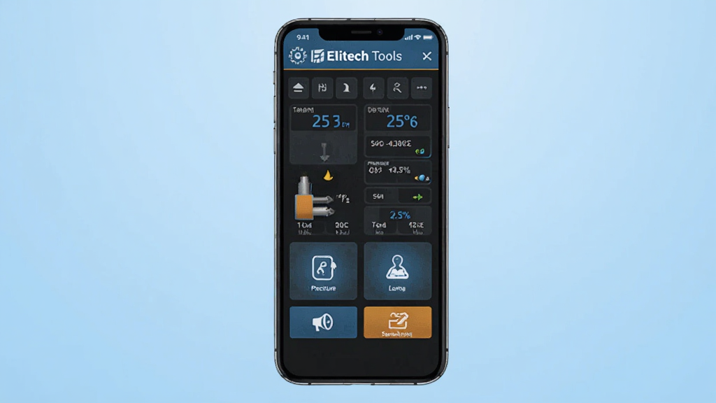 一张展示 Elitech Tools 软件主界面的手机应用截图,画面中央是一部竖屏智能手机,屏幕内显示暖通空调制冷参数计算界面,包含温度数值、压力单位和功能按钮图标,背景为浅蓝色渐变,风格简洁现代科技感,细节清晰,画质明亮干净,无多余元素