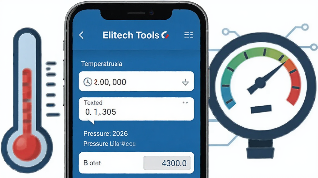 一张展示 Elitech Tools 暖通制冷参数计算功能的手机界面图,画面中手机屏幕显示温度换算和压力单位转换的数据输入框与结果展示区域,旁边有抽象的温度计和压力表图标作为装饰,布局清晰,风格为扁平化科技蓝,细节精致,画质高清干净,无多余元素