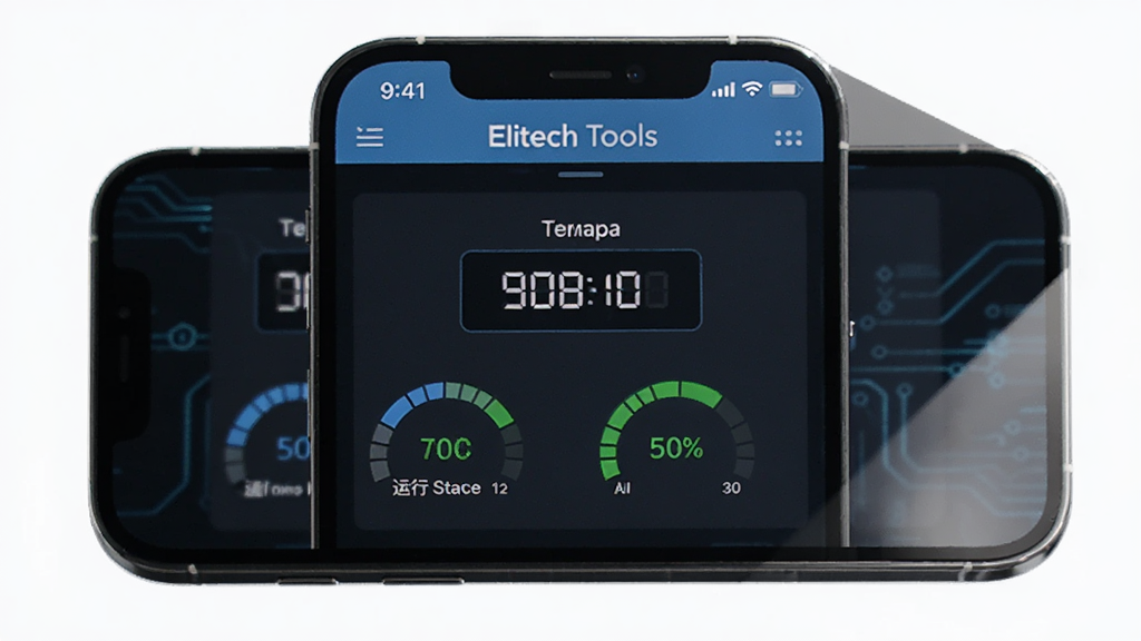 一张展示 Elitech Tools 温控设备调试辅助界面的手机应用图,画面中手机屏幕显示温控器参数设置面板,包含温度设定值和运行状态指示,背景为深色科技风格,带有柔和的蓝色光效,布局规整,细节清晰,画质锐利干净,无多余元素