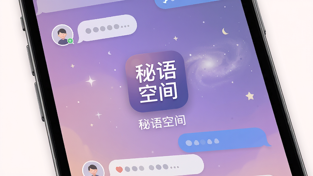 秘语空间软件主界面展示,手机屏幕中央显示“秘语空间”应用图标与名称,背景为柔和的渐变紫色与星空元素,布局简洁大气,风格温馨治愈,细节包含匿名头像气泡与聊天气泡,画质高清,干净无多余元素