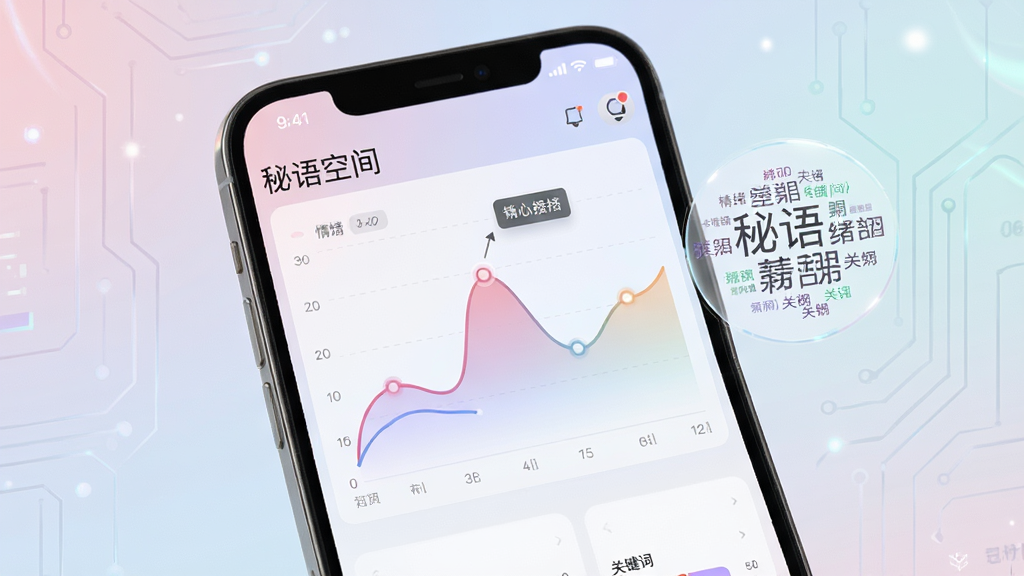 秘语空间情绪分析报告界面,手机屏幕展示情绪曲线图与关键词云,布局采用图表与文字结合,风格科技感与柔和色调融合,细节包含数据节点与色彩渐变,画质高清,干净无多余元素,图片中文字“秘语空间”