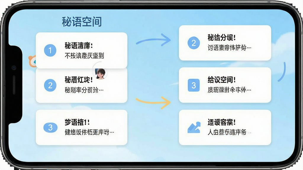 秘语空间新手引导界面,手机屏幕展示分步操作提示,布局采用卡片式引导,风格简洁明快,细节包含箭头指示与文字说明,画质高清,干净无多余元素,图片中文字“秘语空间”