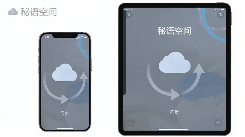 秘语空间多端同步功能展示,手机与平板并排显示相同界面,布局对称,风格简约现代,细节包含同步箭头与云端图标,画质高清,干净无多余元素,图片中文字“秘语空间”