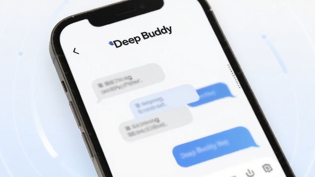 一张展示 Deep Buddy 应用主界面的图片,画面中央是手机屏幕,屏幕内显示简洁的对话气泡界面,顶部有 Deep Buddy 文字标识,背景为浅色渐变,风格现代科技感,细节清晰,画质干净无多余元素