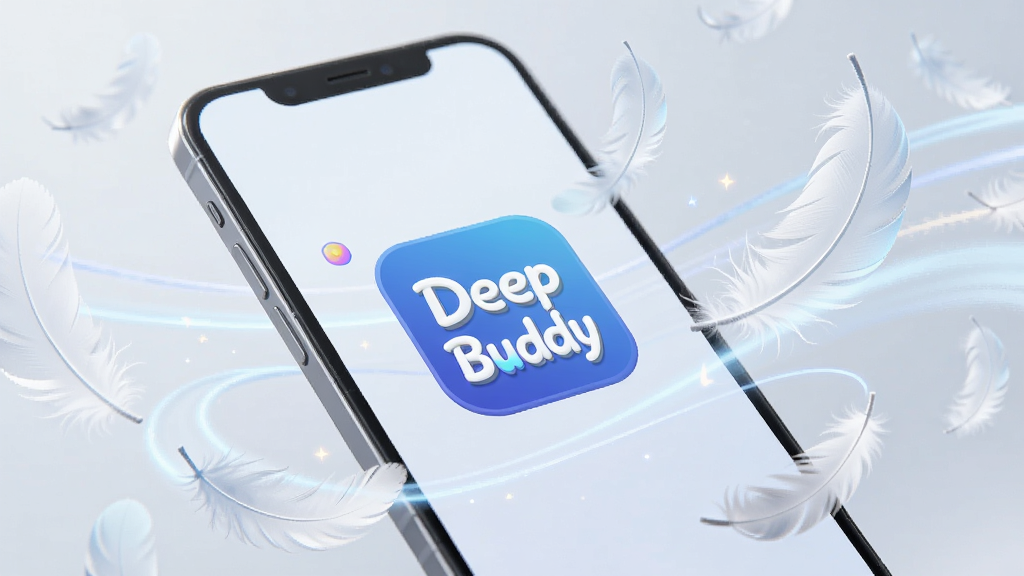 一张展示 Deep Buddy 轻量化运行概念的图片,画面中一部手机周围环绕着轻薄的羽毛和流畅的线条,手机屏幕显示 Deep Buddy 图标,整体风格轻盈简约,色调明亮,画质干净