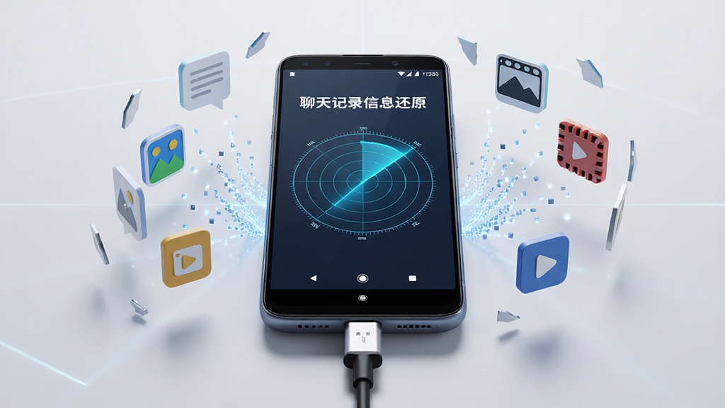 AI生图提示词:一部安卓手机连接着数据线,手机屏幕显示“聊天记录信息还原”正在深度扫描的雷达图动画,周围漂浮着代表文本、图片、视频的图标碎片,主体在画面中心,布局简洁,排版对称,风格为3D渲染科技感,细节上体现数据汇聚的视觉效果,画质高清,干净,无多余元素