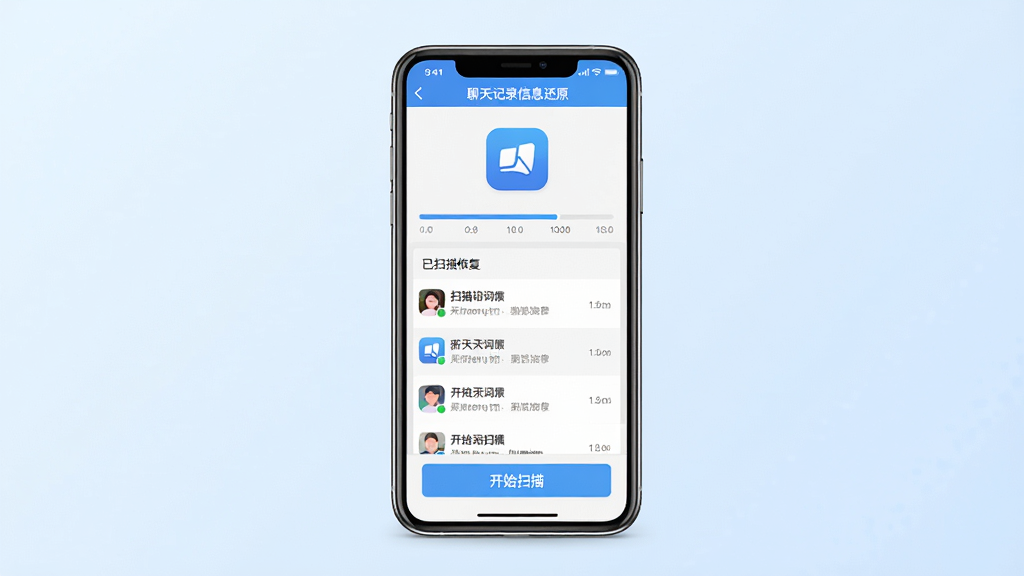 软件主界面展示图,画面中央放置一台智能手机,屏幕显示“聊天记录信息还原”的软件界面,界面中包含扫描进度条和已恢复的聊天记录列表。布局采用居中构图,背景为干净的浅蓝色渐变,风格为扁平化科技风,细节上突出软件图标和“开始扫描”按钮,画质清晰,干净,无多余元素