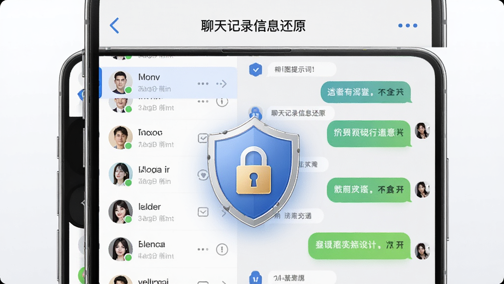 AI生图提示词:一部手机屏幕显示“聊天记录信息还原”的预览界面,左侧是联系人列表,右侧是聊天对话气泡,画面中有个盾牌图标代表安全防护,主体突出手机屏幕,布局为左右分栏,排版清晰,风格为现代简约UI设计,细节上强调锁形安全标志,画质清晰,干净,无多余元素