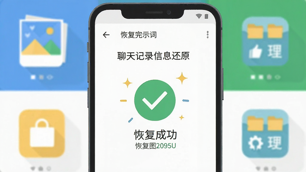 AI生图提示词:一部安卓手机屏幕显示“聊天记录信息还原”的恢复完成界面,界面中有一个绿色的对勾图标和“恢复成功”字样,背景是手机相册和文件管理器的图标,主体是手机屏幕,布局居中,排版简洁,风格为扁平化插画风,细节上突出数据恢复完成的喜悦感,画质清晰,干净,无多余元素