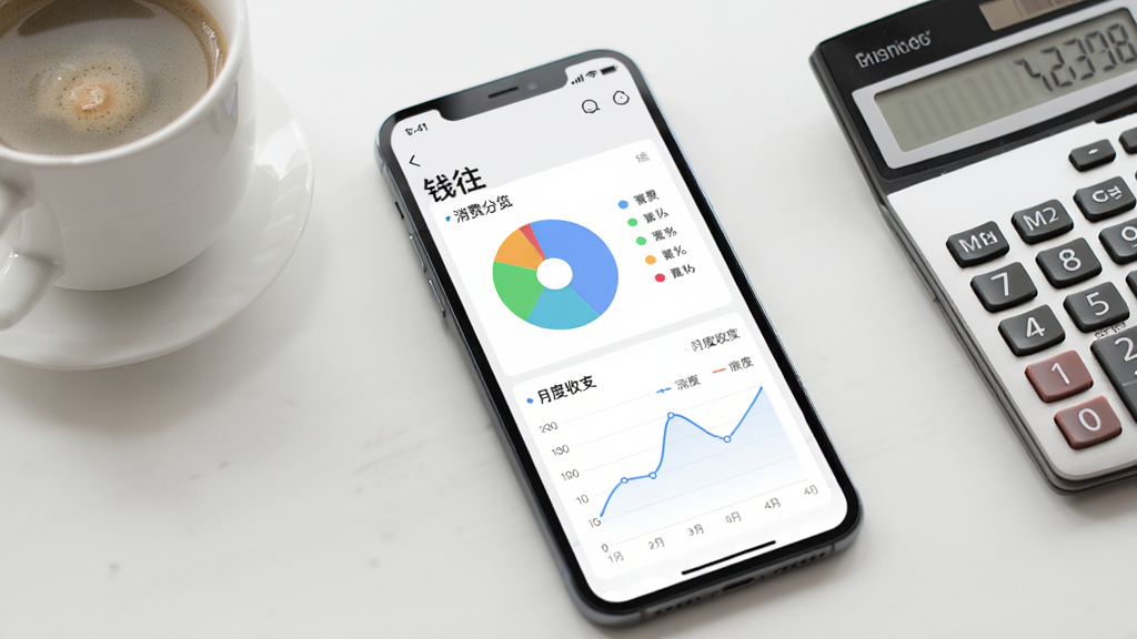 一张展示手机记账应用界面的图片,画面中央是一部现代智能手机,屏幕上显示着“钱往”应用的资产总览页面,包含饼状消费分类图表和月度收支折线图,背景是干净整洁的浅色办公桌面,旁边放着一杯咖啡和一个计算器,整体风格清新简约,画质清晰明亮,无多余杂乱元素