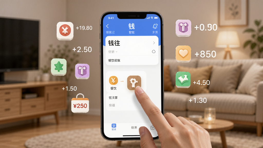 一张展示“钱往”应用智能记账功能的图片,画面中手机屏幕显示快速记账界面,手指正点击餐饮分类图标,周围漂浮着各种消费类别的小图标和金额数字,背景是温馨的家庭环境,风格现代科技感,画质细腻干净