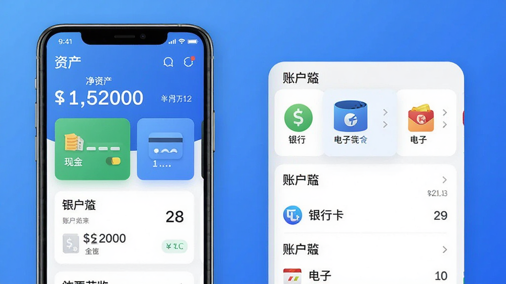 一张展示“钱往”应用资产总览页面的图片,手机屏幕显示资产卡片和账户列表,包含现金、银行卡、电子钱包等图标,顶部有净资产数字,背景是简约的蓝色渐变,风格商务专业,画质高清,布局整洁