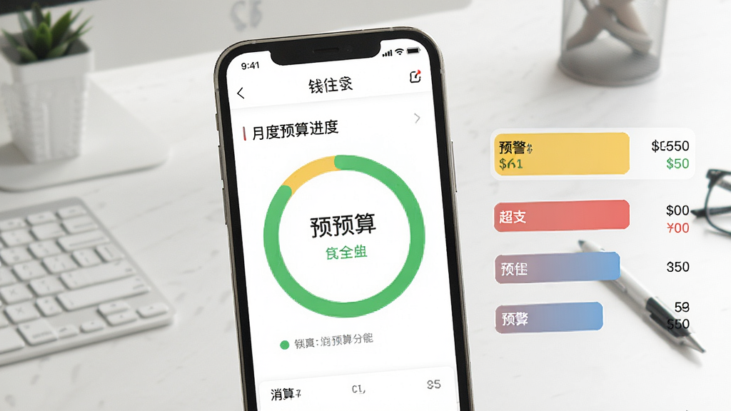 一张展示“钱往”应用预算管理功能的图片,画面中手机屏幕显示月度预算进度环,绿色代表安全、黄色代表预警、红色代表超支,旁边有各种消费分类的预算条,背景是简洁的办公桌,风格清晰直观,画质干净无杂物