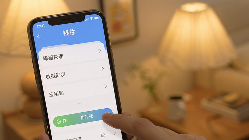 一张展示“钱往”应用设置页面的图片,手机屏幕显示权限管理、数据同步、应用锁等选项,旁边有手指正在点击同步按钮,背景是柔和的室内光线,风格实用教程感,画质清晰,无杂乱元素