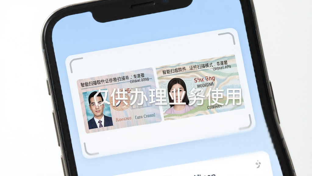 智能扫描软件证件扫描模式界面,手机屏幕显示一张身份证正反面扫描件,画面中有半透明水印文字“仅供办理业务使用”,界面为简洁的卡片式设计,背景为浅蓝色,风格为安全隐私主题展示,细节清晰,画质干净,无多余元素