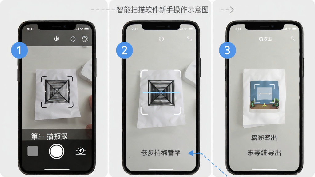 智能扫描软件新手操作示意图,画面为手机屏幕截图风格,展示从拍摄到导出的三个步骤,分别用数字1、2、3标注,每个步骤有简短文字说明,背景为浅灰色,风格为教程类信息图,细节清晰,画质干净,无多余元素