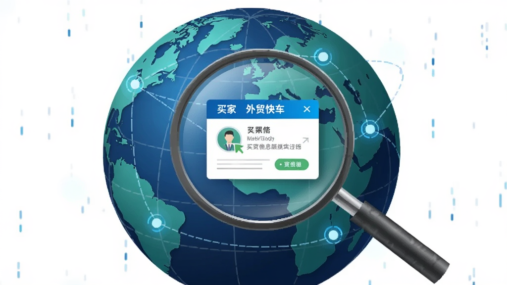一张以地球仪和放大镜为主视觉的科技感插图,地球表面散布着发光的数据节点,放大镜聚焦在其中一个节点上显示出买家信息卡片,画面中带有外贸快车字样,主体突出,布局居中,风格现代商务,细节丰富,画质清晰,干净,无多余元素