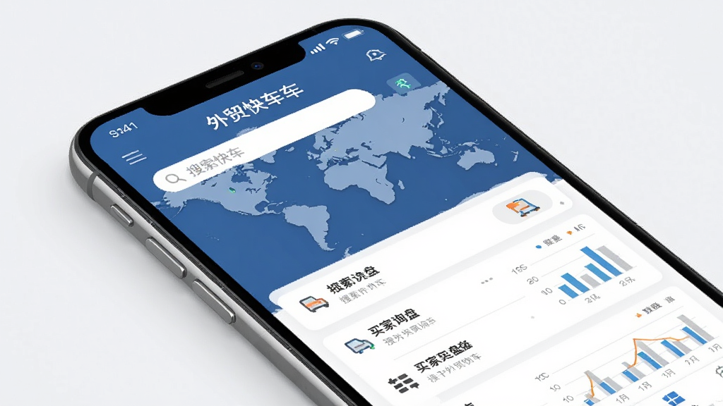 一张展示外贸快车APP整体界面的手机样机图,画面中央是一部现代智能手机,屏幕内清晰显示外贸快车应用程序的主页,包含全球地图背景、买家询盘列表和功能导航图标,布局简洁明了,采用扁平化科技商务风格,细节上突出搜索框和数据图表元素,画质高清,干净,无多余元素