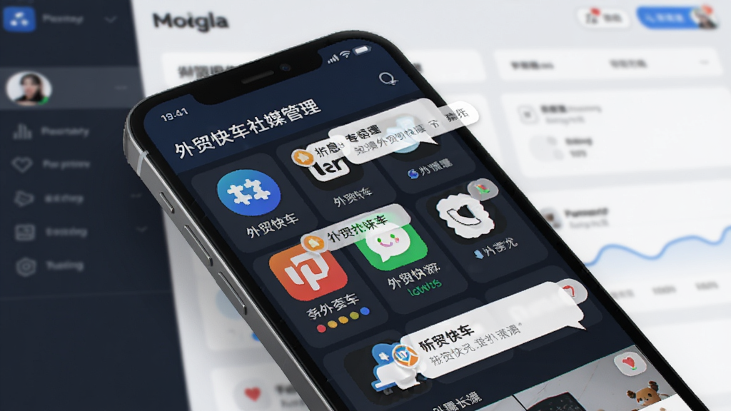一张展示多社交媒体账号管理面板的界面图,画面中央是一个手机屏幕,屏幕内显示外贸快车的社媒管理页面,包含多个平台图标和消息通知气泡,布局清晰有序,风格时尚现代,细节丰富,画质高清,干净,无多余元素