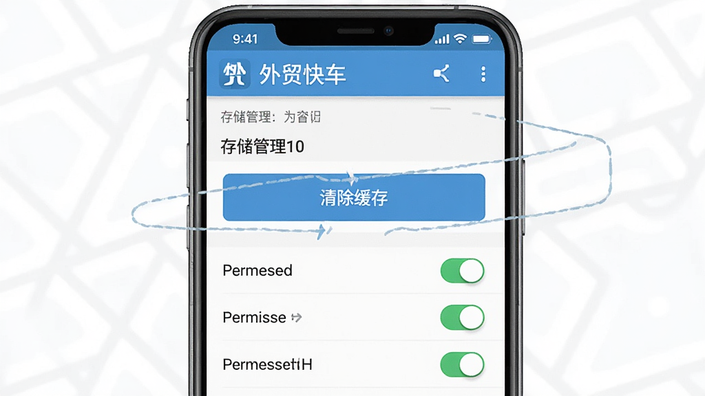 一张展示手机清理缓存和权限设置界面的示意图,画面中手机屏幕显示外贸快车应用的存储管理页面,有清除缓存按钮和权限开关列表,风格简洁直观,细节清晰,画质高清,干净,无多余元素
