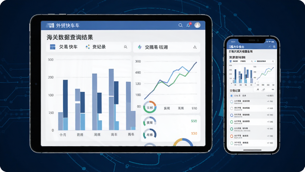 一张展示数据图表与分析界面的插图,画面中有一个平板电脑和一部手机并排显示外贸快车的海关数据查询结果,包含柱状图、折线图和交易记录列表,背景为深蓝色科技纹理,风格专业严谨,细节上突出数据可视化元素,画质高清,干净,无多余元素