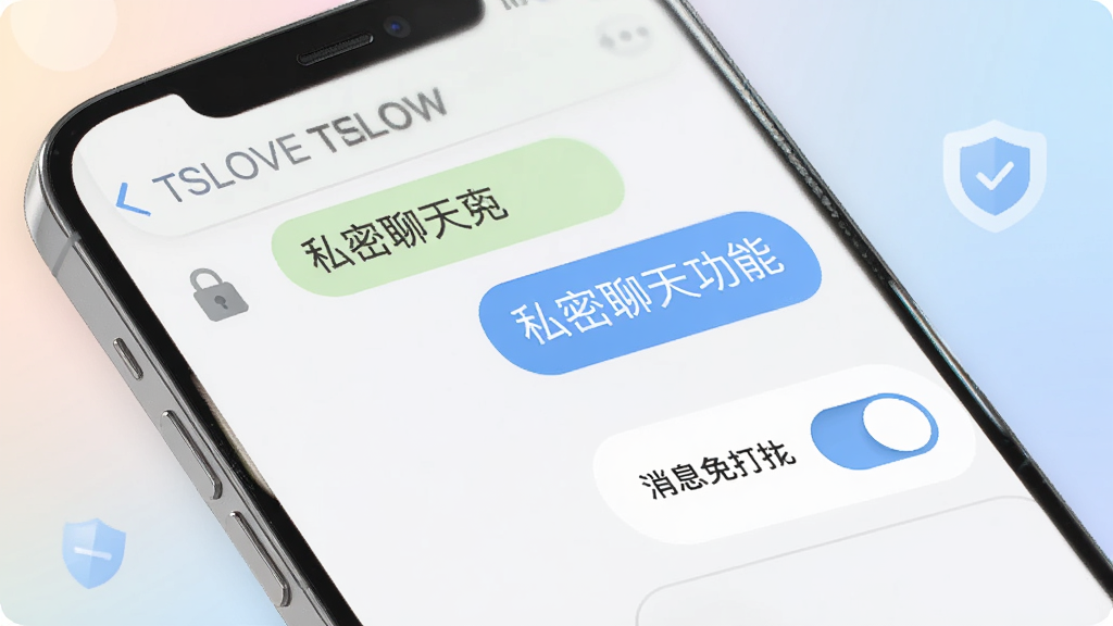 TSLOVE 私密聊天功能展示,主体为手机屏幕中的聊天对话界面,布局包含聊天气泡、锁形图标、消息免打扰开关,排版清晰,风格柔和安全,细节包含隐私盾牌、柔和渐变背景,画质高清,干净,无多余元素
