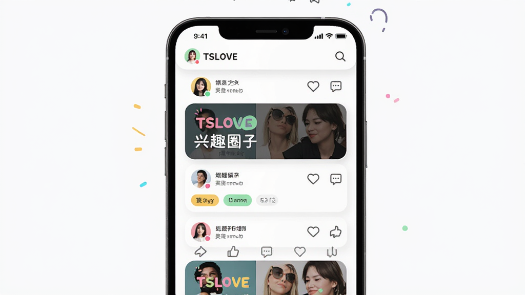 TSLOVE 兴趣圈子页面,主体为手机屏幕展示话题社区列表,布局包含话题卡片、用户头像、点赞评论图标,排版活泼有序,风格社交轻松,细节包含彩色标签、圆角卡片,画质高清,干净,无多余元素