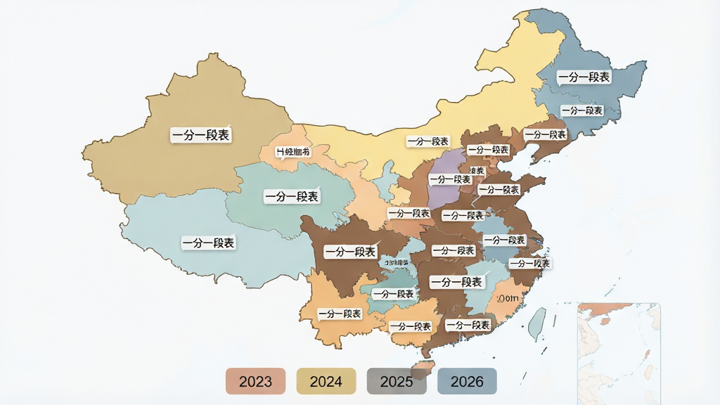 一张展示中国地图的图片,地图上各省份用不同深浅的颜色标注,每个省份上有一个小标签显示“一分一段表”字样,地图下方有一排年份按钮显示2023、2024、2025、2026,整体布局居中,风格为信息图表风格,细节上地图轮廓清晰,颜色柔和,画质高清,干净,无多余元素