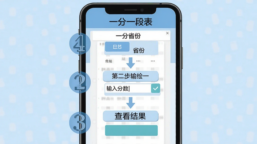 一张手机应用操作指引的图片,画面中手机屏幕显示分步骤的操作示意图,第一步选择省份,第二步输入分数,第三步查看结果,每个步骤用数字标注,背景为浅蓝色,整体布局为竖向流程图,风格为扁平化教程插图,细节上“一分一段表”字样出现在屏幕顶部,画质高清,干净,无多余元素