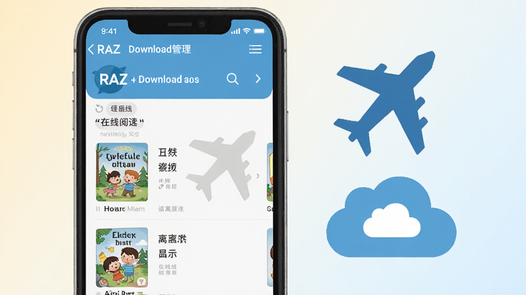 一张展示RAZ分级阅读器离线阅读功能的示意图,画面中手机屏幕显示下载管理界面和已缓存绘本列表,旁边有飞机和云朵图标表示离线状态,背景为浅色渐变,风格扁平化,细节清晰,画质干净,无多余元素